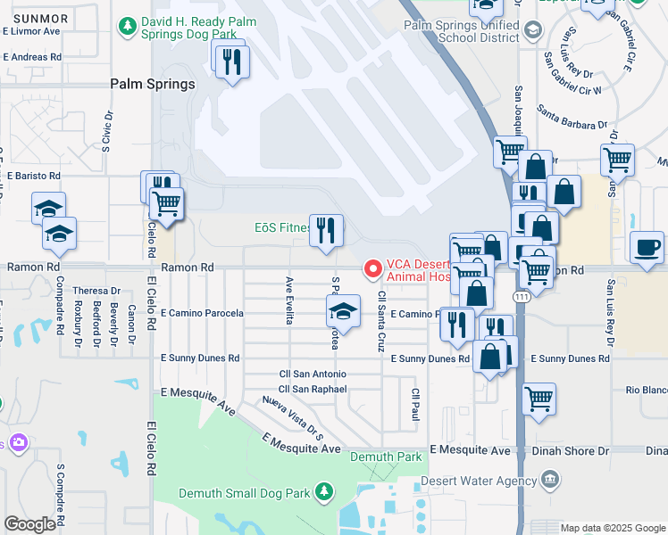 map of restaurants, bars, coffee shops, grocery stores, and more near 4100 East Ramon Road in Palm Springs