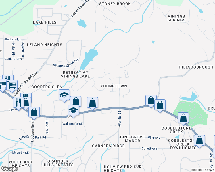 map of restaurants, bars, coffee shops, grocery stores, and more near 276 Vinings Retreat View Southwest in Mableton