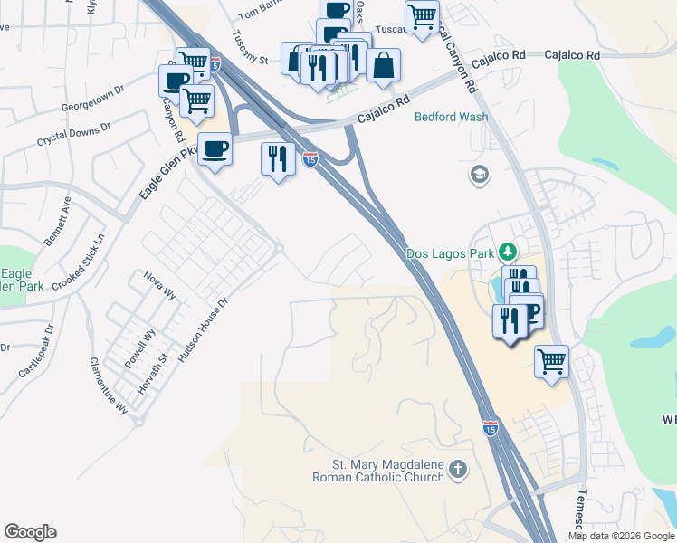 map of restaurants, bars, coffee shops, grocery stores, and more near 3813 Crossen Drive in Corona