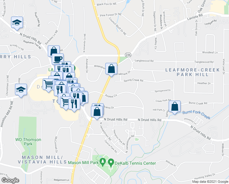 map of restaurants, bars, coffee shops, grocery stores, and more near 2076 Azalea Circle in Decatur