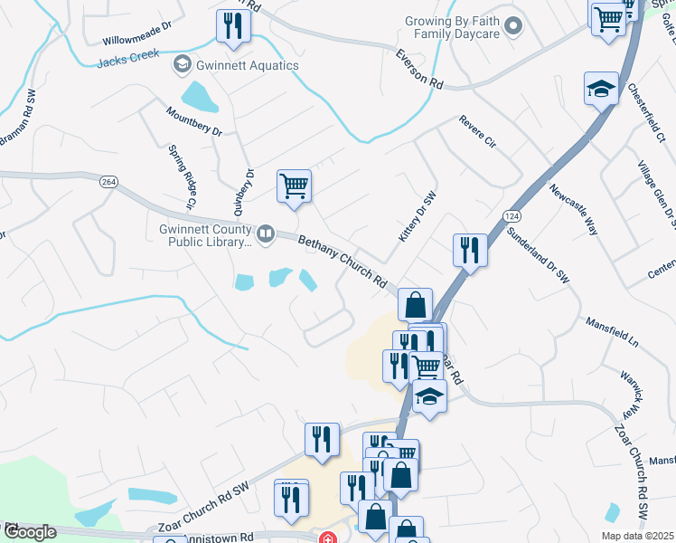 map of restaurants, bars, coffee shops, grocery stores, and more near 3829 Kittery Point Southwest in Snellville