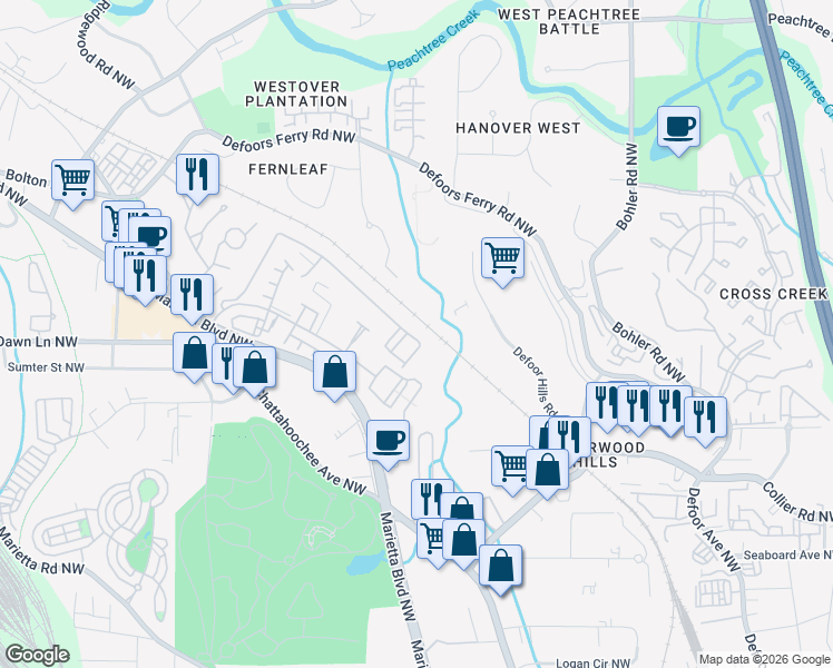 map of restaurants, bars, coffee shops, grocery stores, and more near 1665 Liberty Parkway Northwest in Atlanta