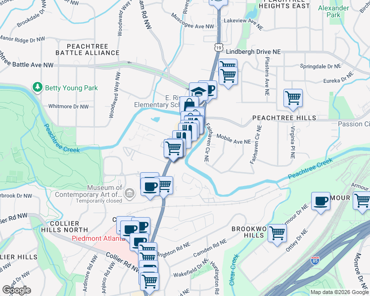 map of restaurants, bars, coffee shops, grocery stores, and more near 2245 Peachtree Street Northeast in Atlanta