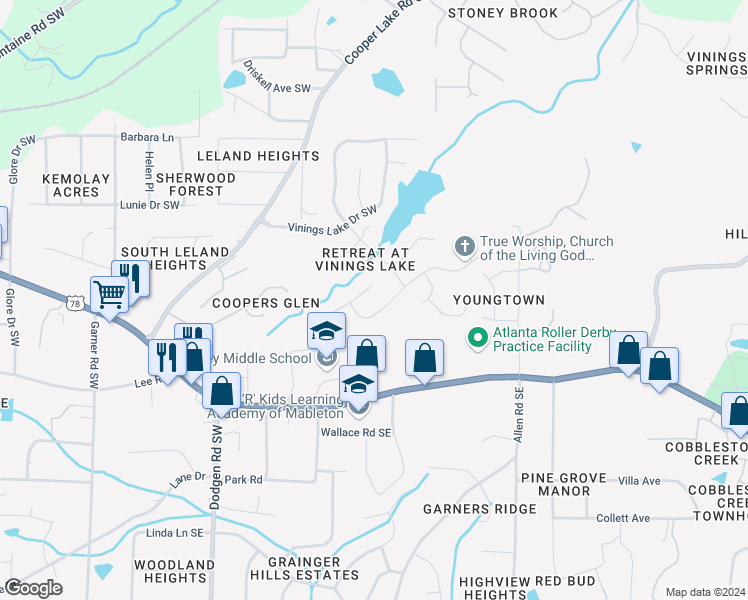 map of restaurants, bars, coffee shops, grocery stores, and more near 5605 Vinings Retreat Pass Southwest in Mableton