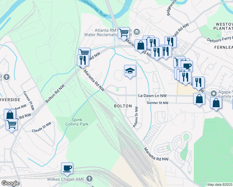 map of restaurants, bars, coffee shops, grocery stores, and more near 2145 La Dawn Lane Northwest in Atlanta