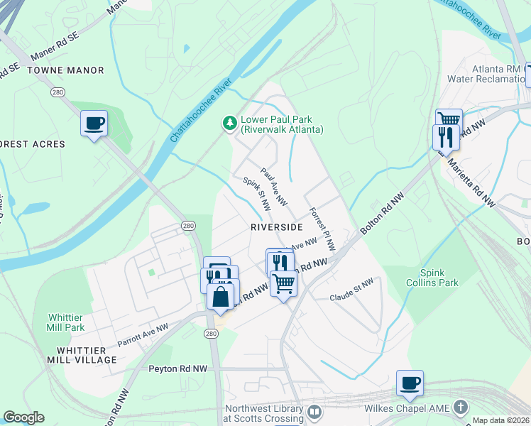map of restaurants, bars, coffee shops, grocery stores, and more near 2190 Spink Street Northwest in Atlanta