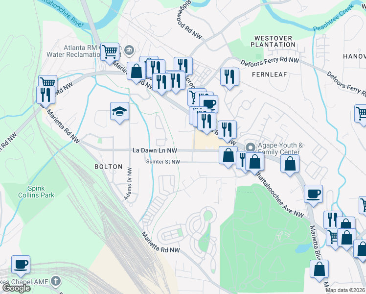 map of restaurants, bars, coffee shops, grocery stores, and more near 1905 La Dawn Lane Northwest in Atlanta