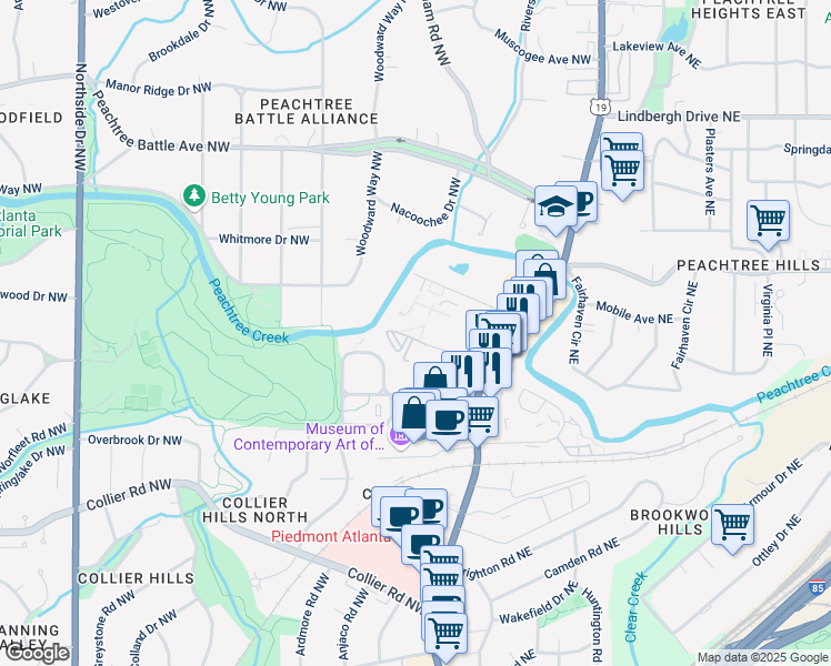 map of restaurants, bars, coffee shops, grocery stores, and more near 115 Biscayne Drive Northwest in Atlanta