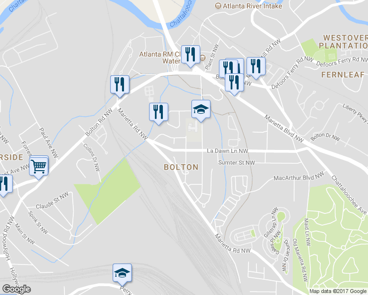 map of restaurants, bars, coffee shops, grocery stores, and more near 2115 La Dawn Lane Northwest in Atlanta