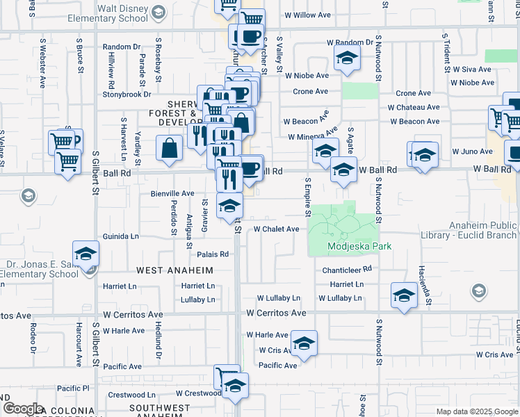 map of restaurants, bars, coffee shops, grocery stores, and more near 1250 South Brookhurst Street in Anaheim