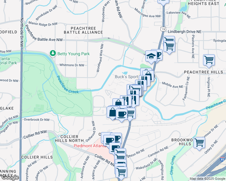 map of restaurants, bars, coffee shops, grocery stores, and more near 115 Biscayne Drive Northwest in Atlanta