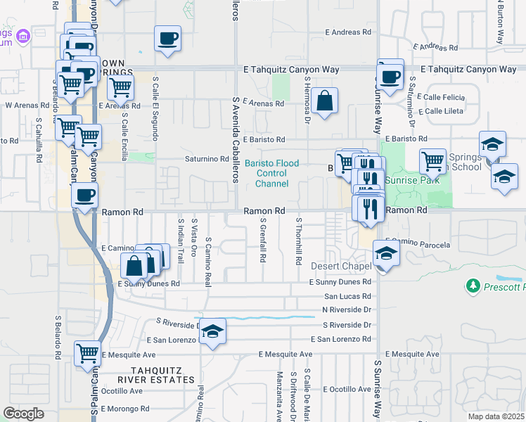 map of restaurants, bars, coffee shops, grocery stores, and more near East Ramon Road & South Grenfall Road in Palm Springs