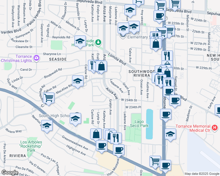 map of restaurants, bars, coffee shops, grocery stores, and more near 23214 Anza Avenue in Torrance