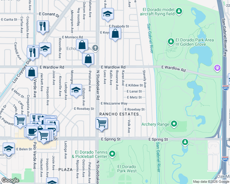 map of restaurants, bars, coffee shops, grocery stores, and more near 3247 Roxanne Avenue in Long Beach