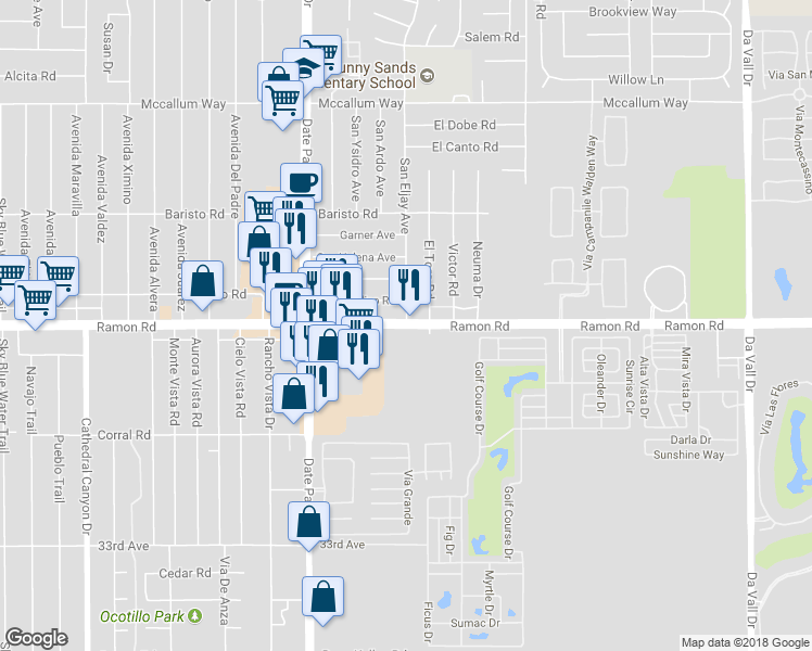 map of restaurants, bars, coffee shops, grocery stores, and more near East Ramon Road & San Eljay Avenue in Cathedral City