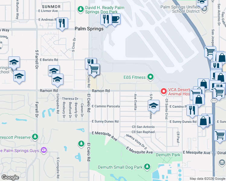 map of restaurants, bars, coffee shops, grocery stores, and more near in Palm Springs