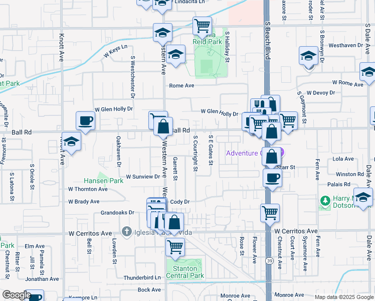 map of restaurants, bars, coffee shops, grocery stores, and more near 3143 West Lanerose Drive in Anaheim
