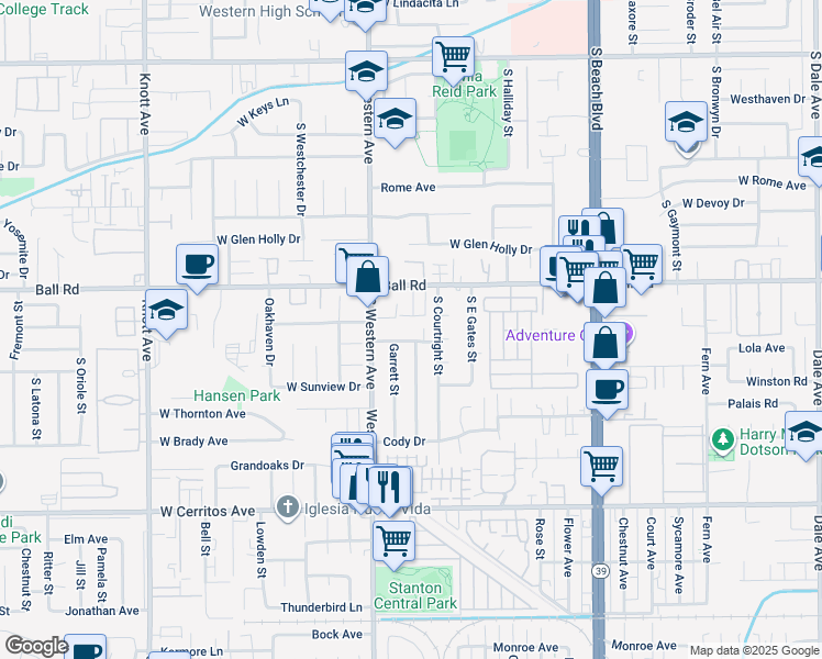 map of restaurants, bars, coffee shops, grocery stores, and more near 3143 West Lanerose Drive in Anaheim