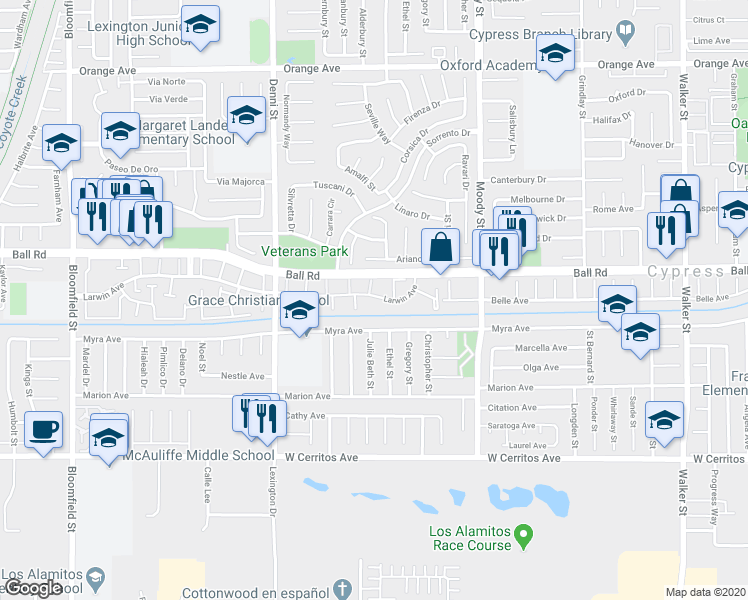 map of restaurants, bars, coffee shops, grocery stores, and more near 4730 Larwin Avenue in Cypress