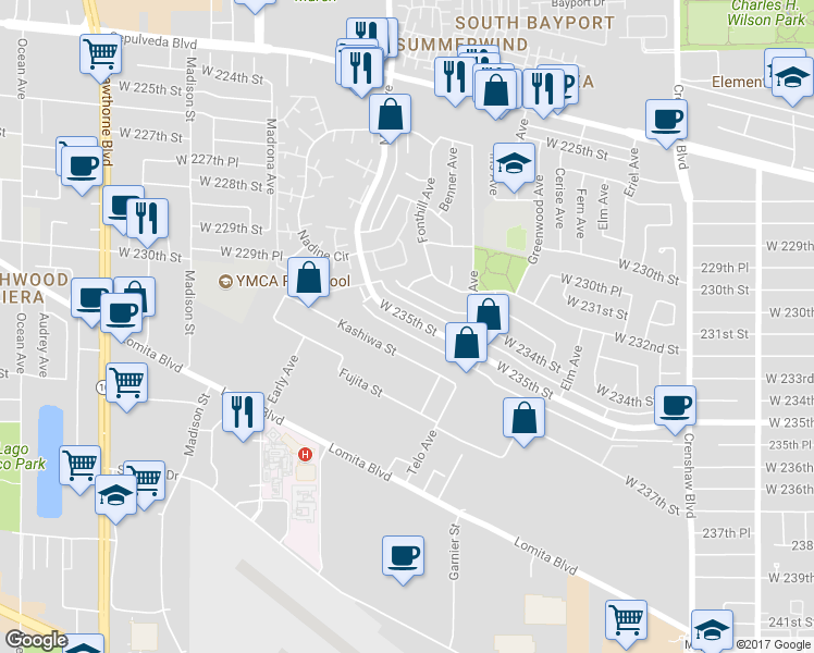 map of restaurants, bars, coffee shops, grocery stores, and more near 2940 West 235th Street in Torrance