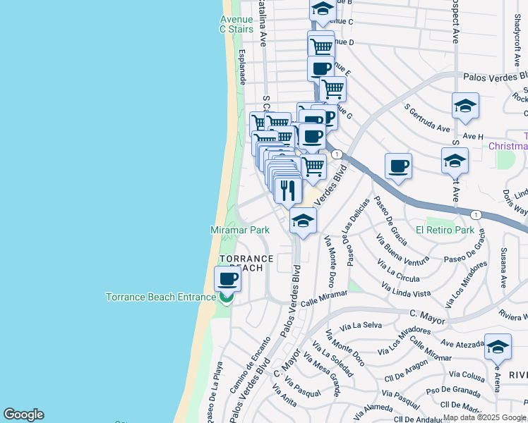 map of restaurants, bars, coffee shops, grocery stores, and more near 109 Paseo De La Playa in Redondo Beach