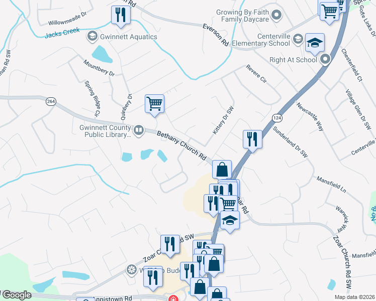 map of restaurants, bars, coffee shops, grocery stores, and more near 3800 Kittery Point Southwest in Snellville