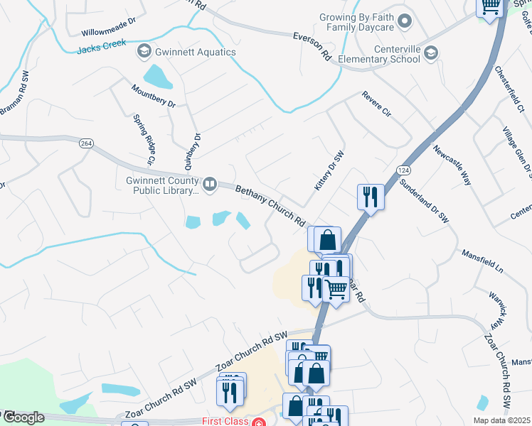 map of restaurants, bars, coffee shops, grocery stores, and more near 3829 Kittery Point Southwest in Snellville