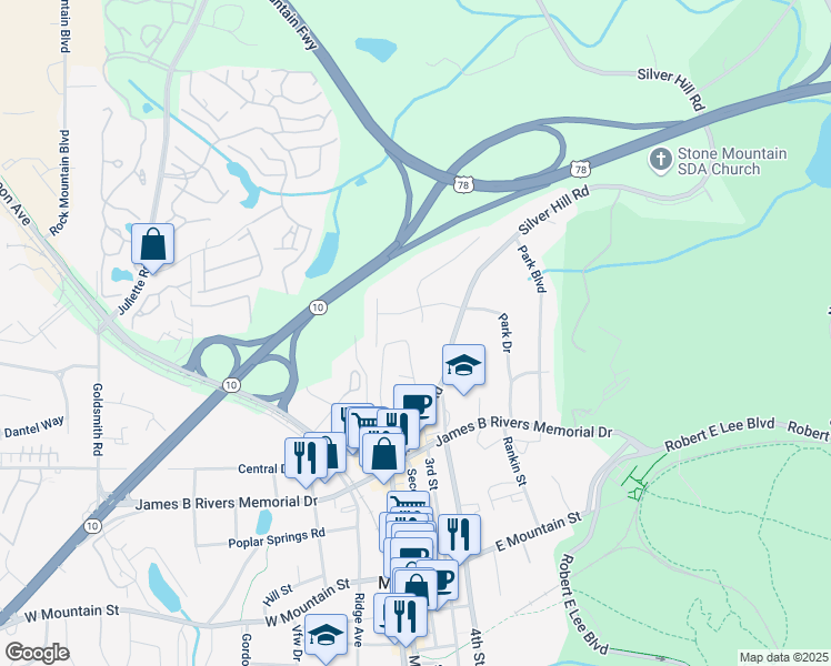 map of restaurants, bars, coffee shops, grocery stores, and more near 1236 South Shadygrove Court in Stone Mountain