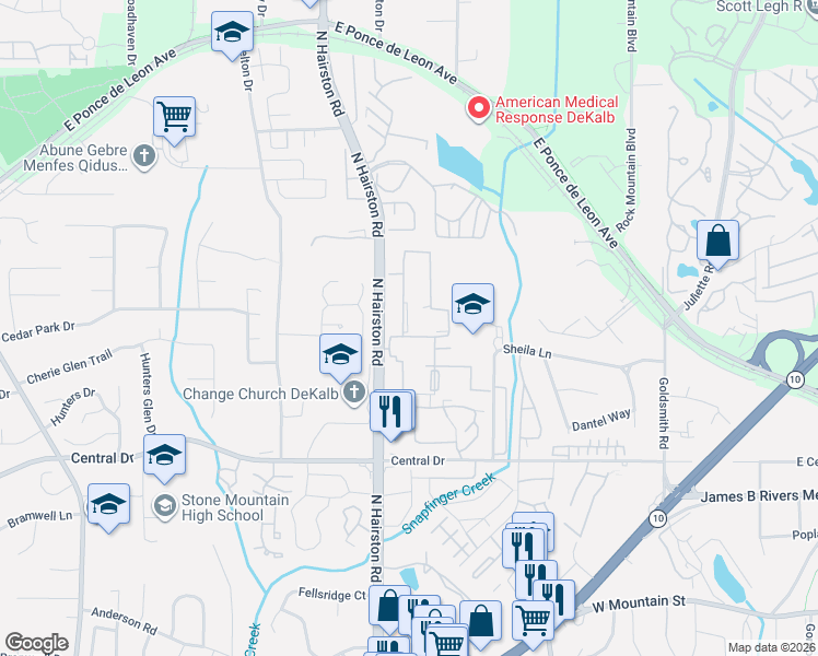 map of restaurants, bars, coffee shops, grocery stores, and more near 31 Chatfield Drive in Stone Mountain