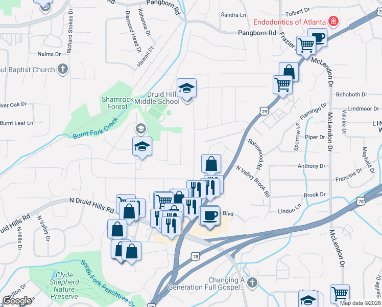 map of restaurants, bars, coffee shops, grocery stores, and more near 1239 Poinset Place in Decatur