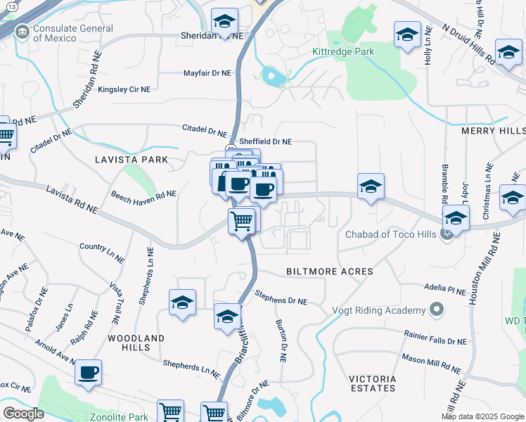 map of restaurants, bars, coffee shops, grocery stores, and more near 1679 Lavista Road in Atlanta
