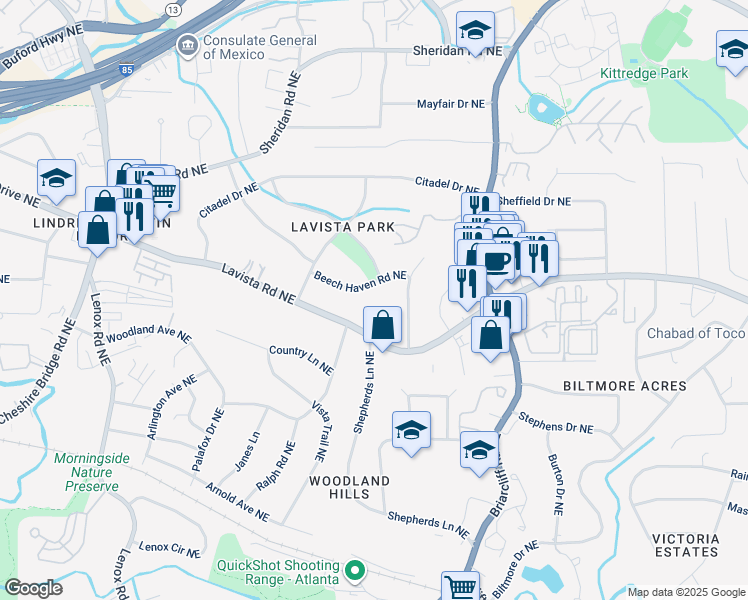 map of restaurants, bars, coffee shops, grocery stores, and more near 1255 Beech Haven Road Northeast in Atlanta