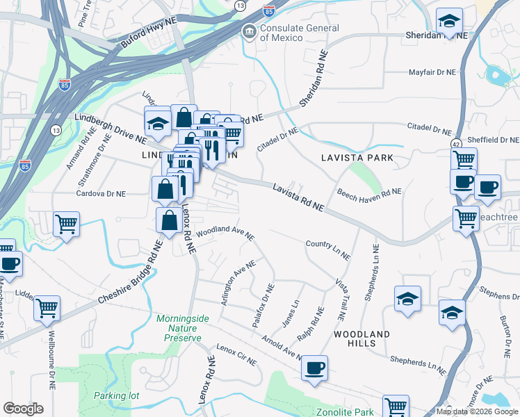 map of restaurants, bars, coffee shops, grocery stores, and more near 1261 Lavista Road Northeast in Atlanta