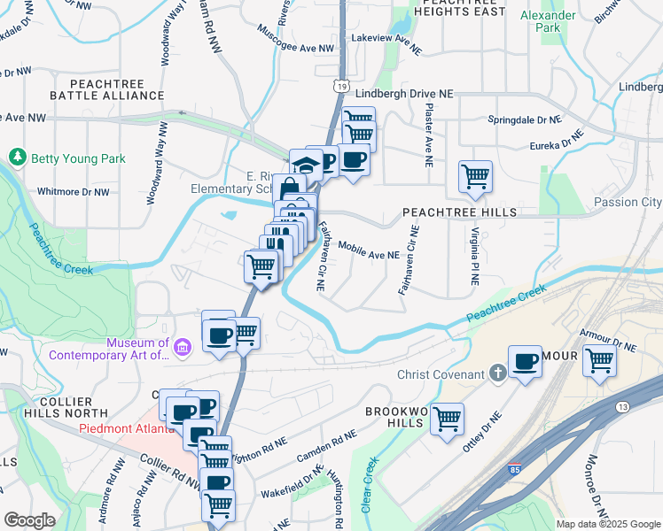 map of restaurants, bars, coffee shops, grocery stores, and more near 2044 Fairhaven Circle Northeast in Atlanta
