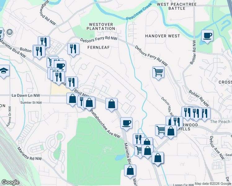 map of restaurants, bars, coffee shops, grocery stores, and more near 2121 Bolton Drive Northwest in Atlanta