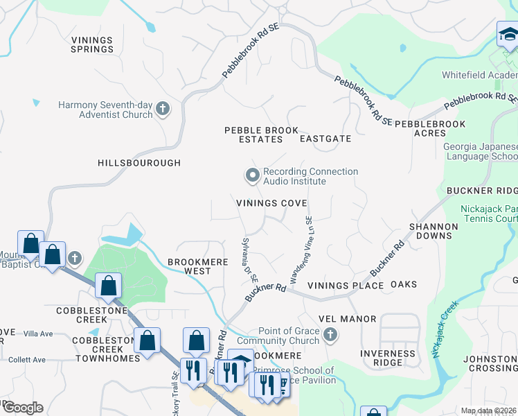 map of restaurants, bars, coffee shops, grocery stores, and more near 5461 Trumpet Vine Trail Southeast in Mableton