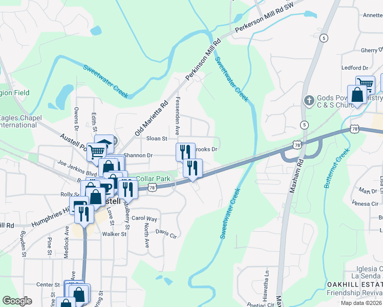 map of restaurants, bars, coffee shops, grocery stores, and more near 2515 Brooks Drive in Austell