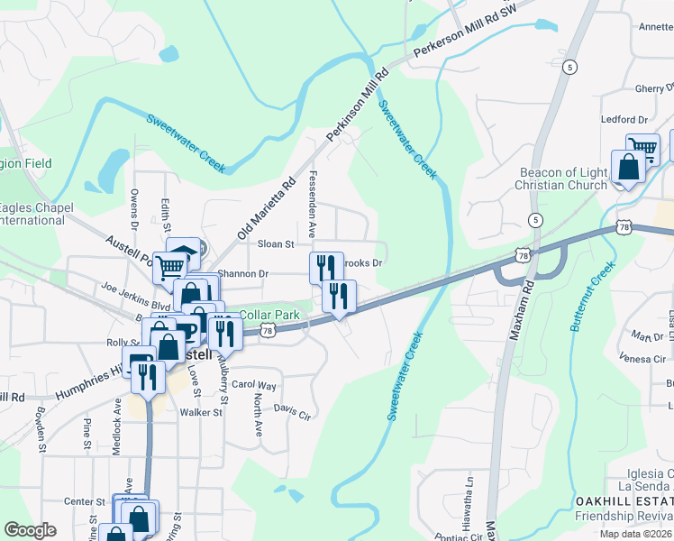 map of restaurants, bars, coffee shops, grocery stores, and more near 2515 Brooks Drive in Austell