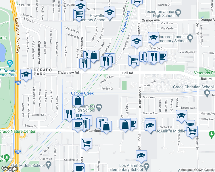 map of restaurants, bars, coffee shops, grocery stores, and more near 3718 Holden Circle in Los Alamitos