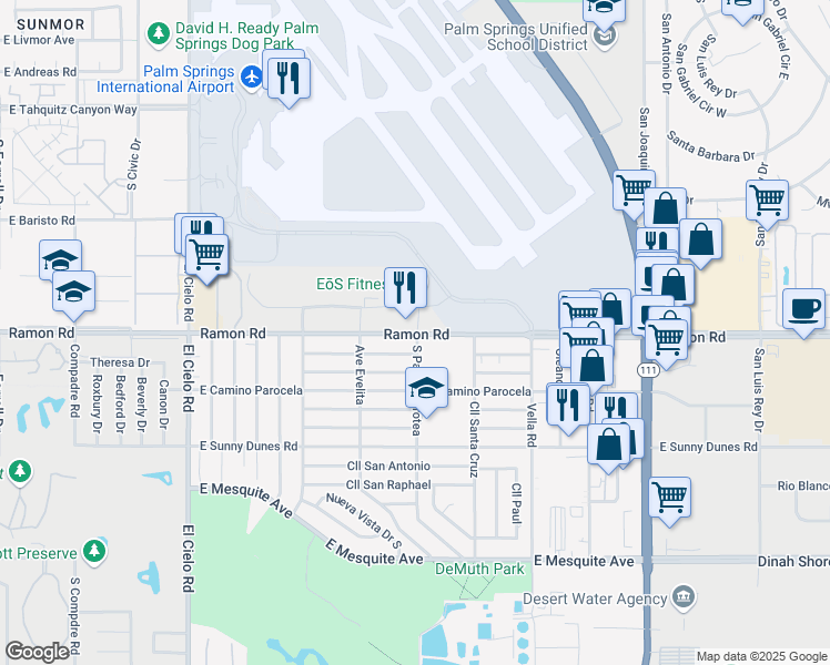 map of restaurants, bars, coffee shops, grocery stores, and more near 4100 East Ramon Road in Palm Springs