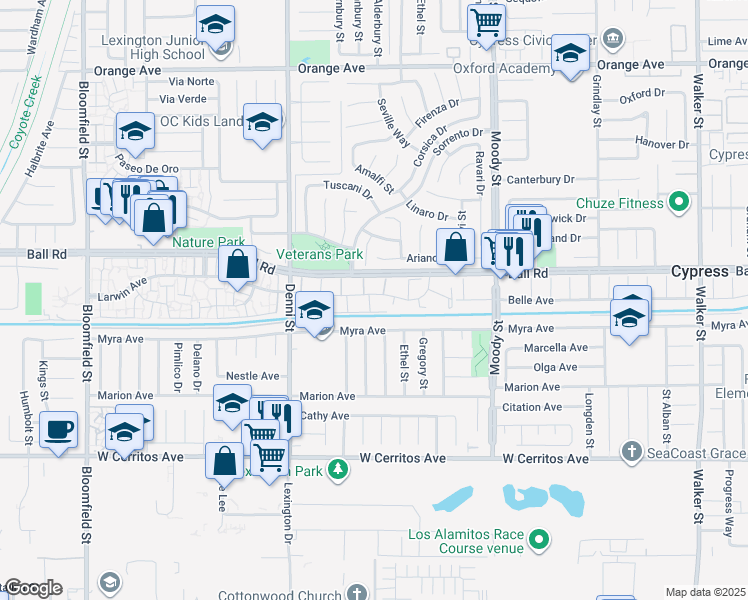 map of restaurants, bars, coffee shops, grocery stores, and more near 4692 Larwin Avenue in Cypress
