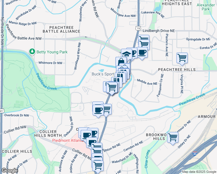 map of restaurants, bars, coffee shops, grocery stores, and more near 2240 Peachtree Road in Atlanta