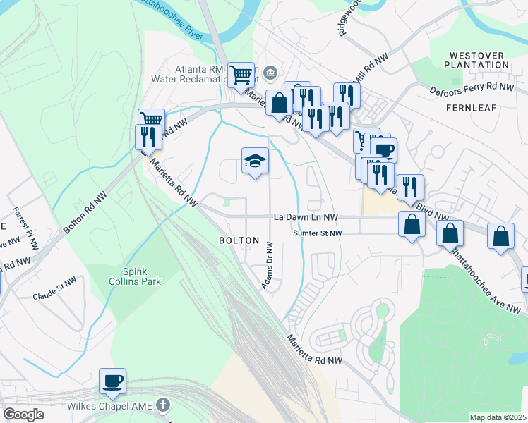 map of restaurants, bars, coffee shops, grocery stores, and more near 2045 La Dawn Lane Northwest in Atlanta
