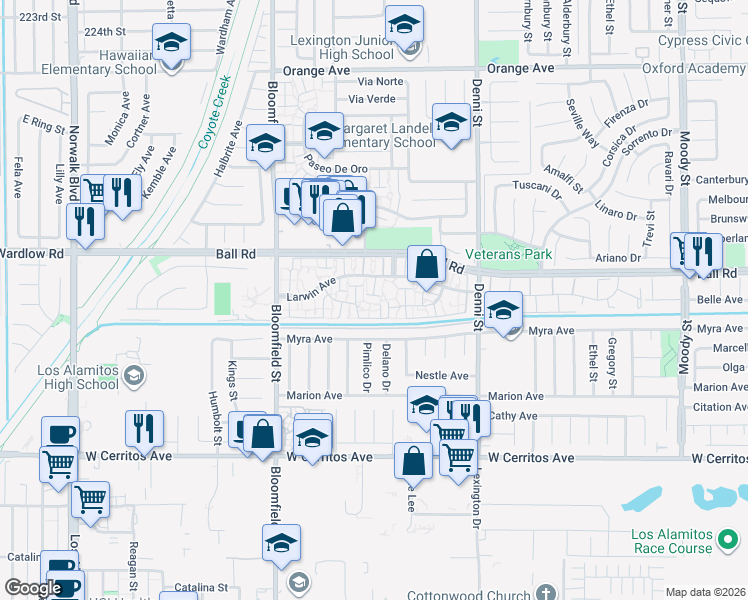 map of restaurants, bars, coffee shops, grocery stores, and more near 4177 Elizabeth Court in Cypress
