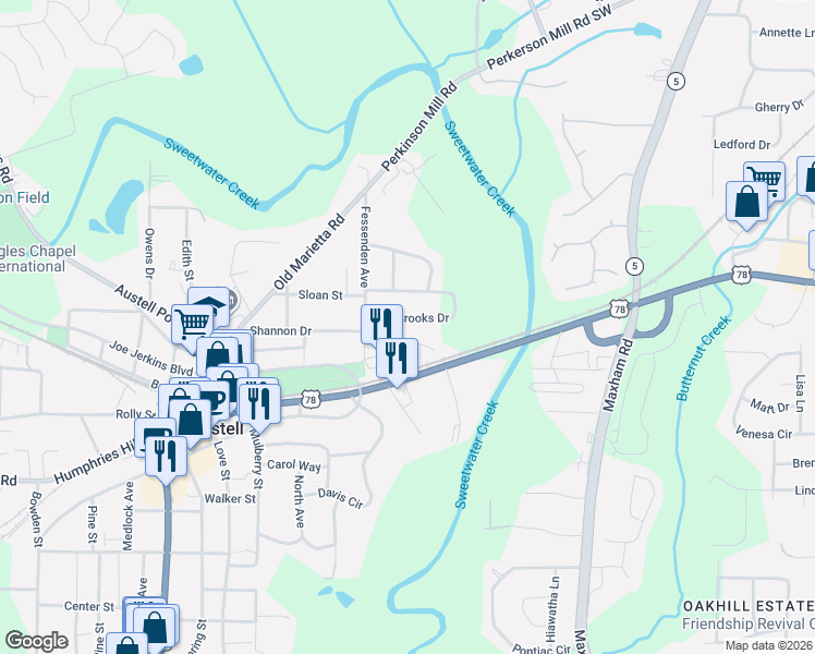 map of restaurants, bars, coffee shops, grocery stores, and more near 2503 Brooks Drive in Austell