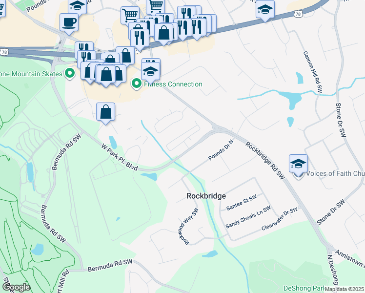 map of restaurants, bars, coffee shops, grocery stores, and more near 121 Villa Park Circle in Stone Mountain