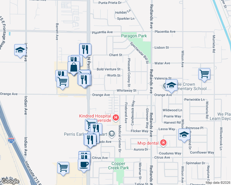 map of restaurants, bars, coffee shops, grocery stores, and more near 173 Whirlaway Street in Perris