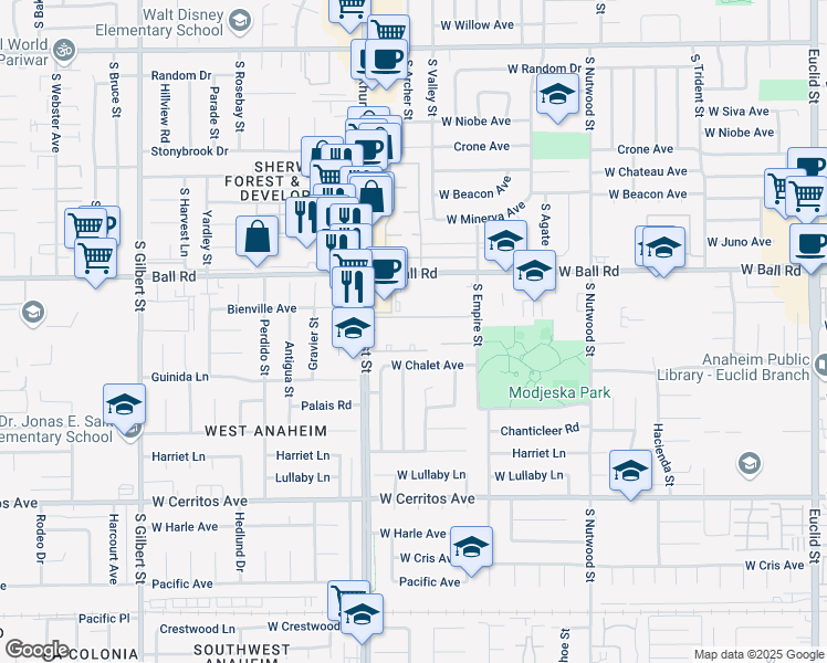 map of restaurants, bars, coffee shops, grocery stores, and more near 1250 South Brookhurst Street in Anaheim