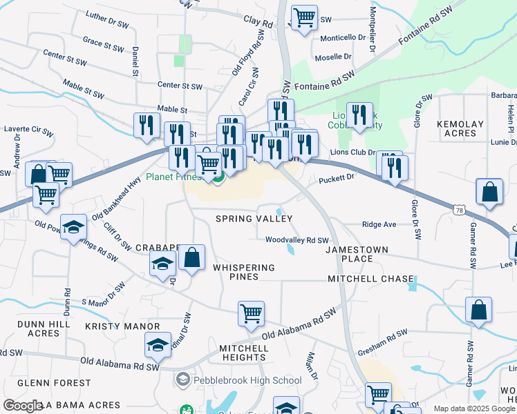 map of restaurants, bars, coffee shops, grocery stores, and more near 827 Woodvalley Road in Mableton