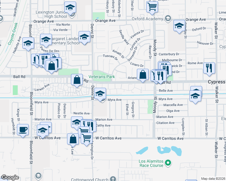map of restaurants, bars, coffee shops, grocery stores, and more near 4658 Larwin Avenue in Cypress